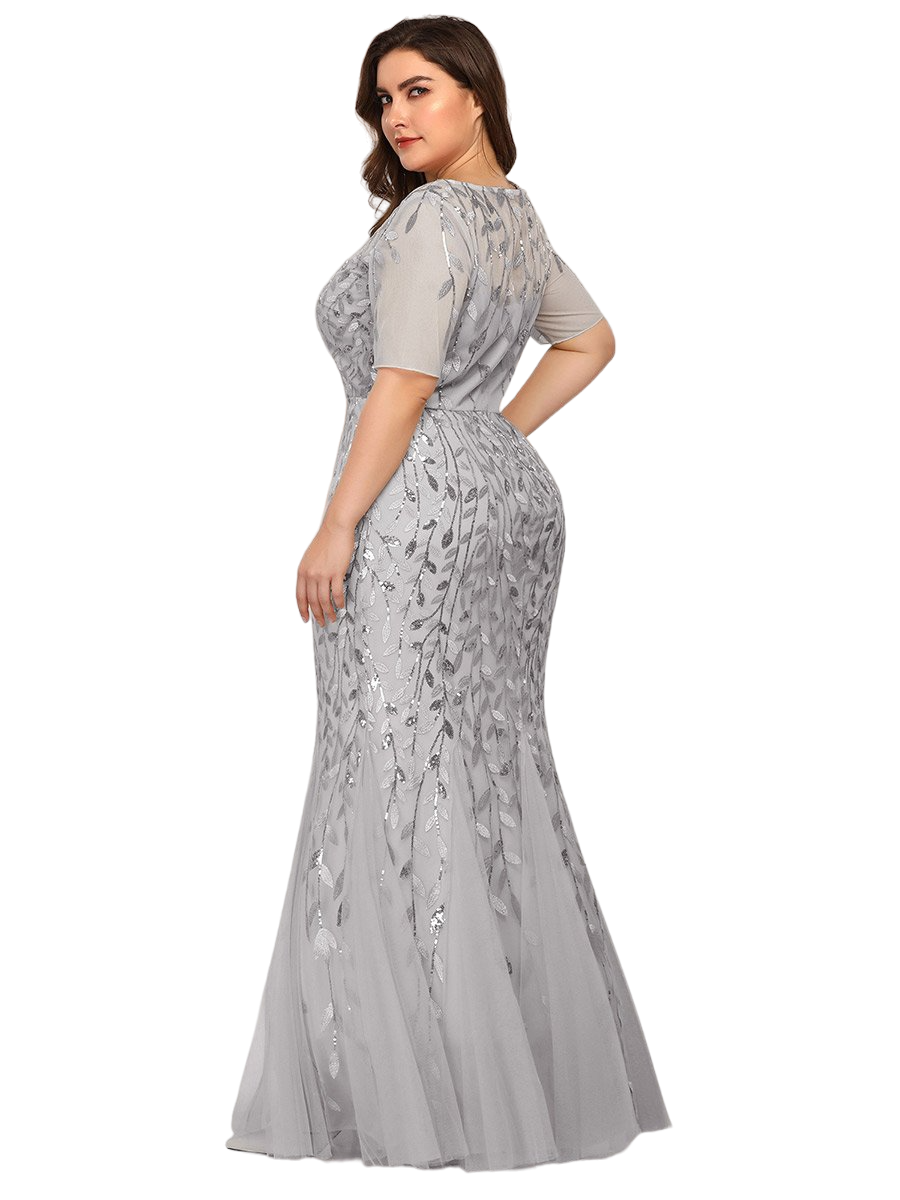 Vestido Elegante de Fiesta Largo Plata Gris para Mujer con Lentejuela Sirena Manga Corta T Ch a Talla Extra