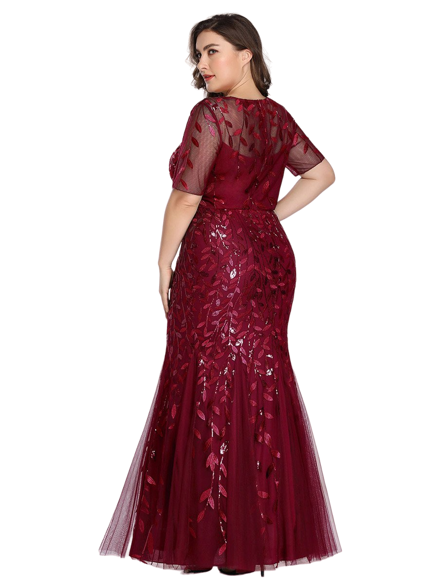 Vestido Elegante de Fiesta Largo Guinda Vino para Mujer con Lentejuela Sirena Manga Corta T Ch a Talla Extra