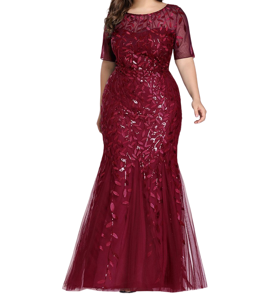 Vestido Elegante de Fiesta Largo Guinda Vino para Mujer con Lentejuela Sirena Manga Corta T Ch a Talla Extra