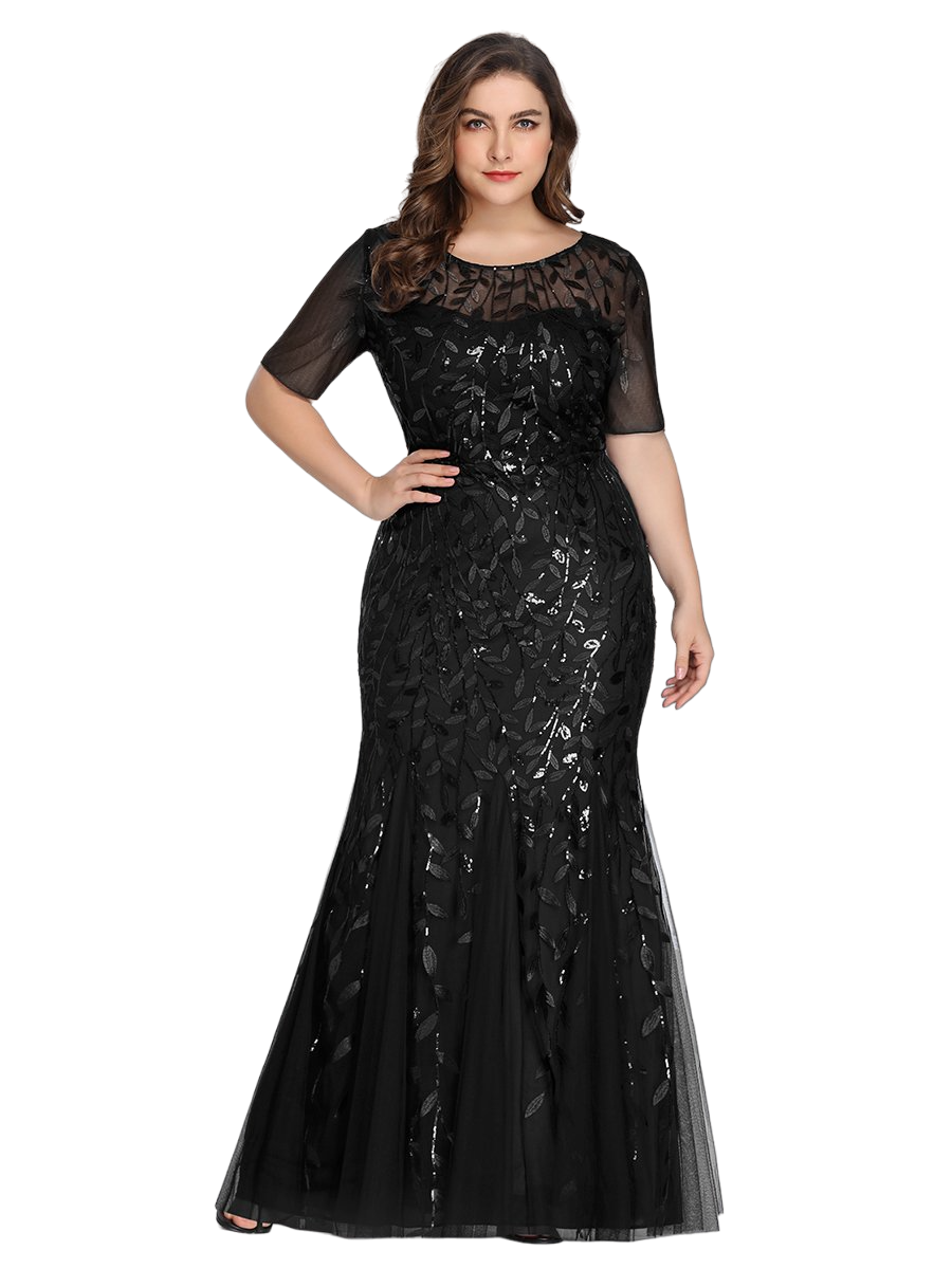 Vestido Elegante de Fiesta Largo Negro para Mujer con Lentejuela Sirena Manga Corta T Ch a Talla Extra