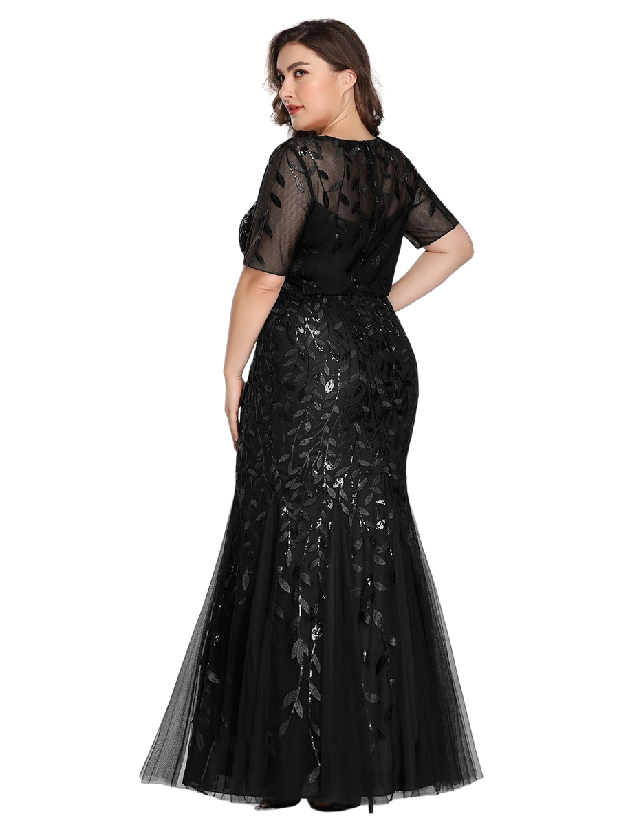 Vestido Elegante de Fiesta Largo Negro para Mujer con Lentejuela Sirena Manga Corta T Ch a Talla Extra