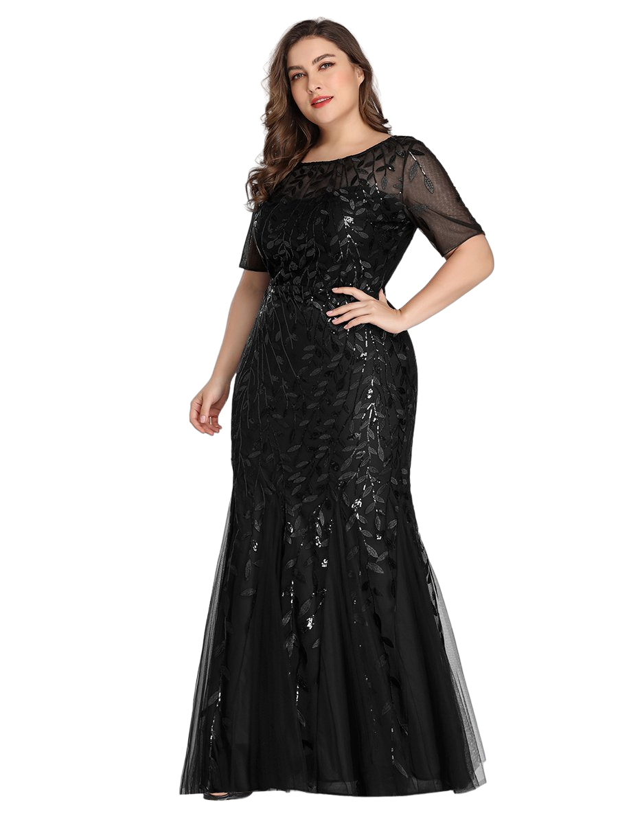 Vestido Elegante de Fiesta Largo Negro para Mujer con Lentejuela Sirena Manga Corta T Ch a Talla Extra