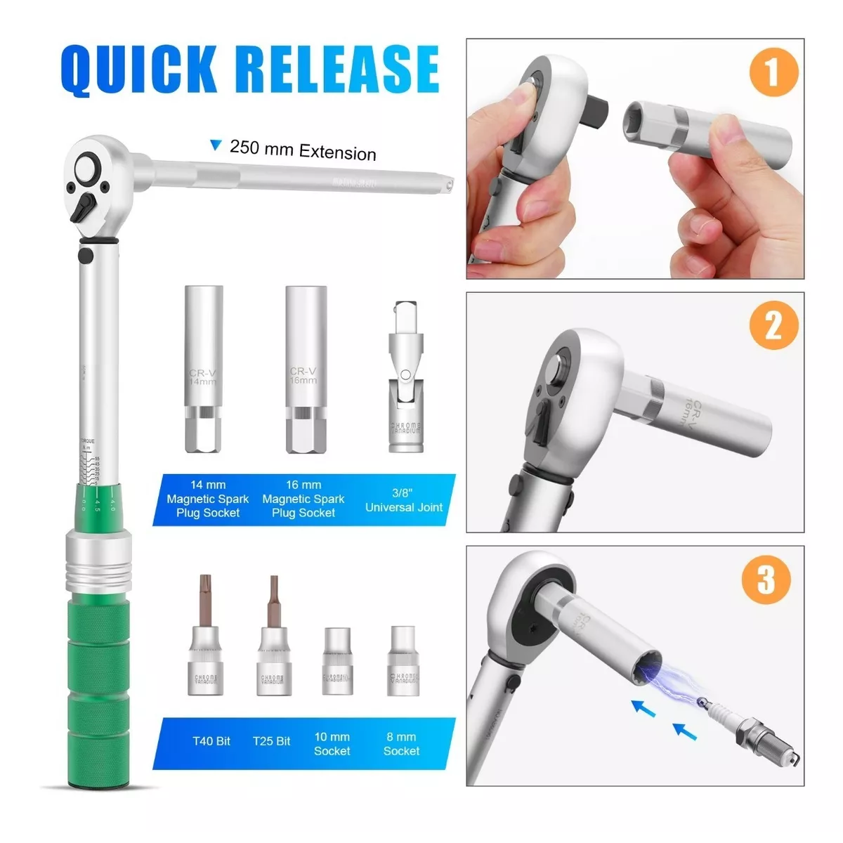 Llave Dinamométrica  3/8'' 5-45 Ft-lb Llave De Torque Verde