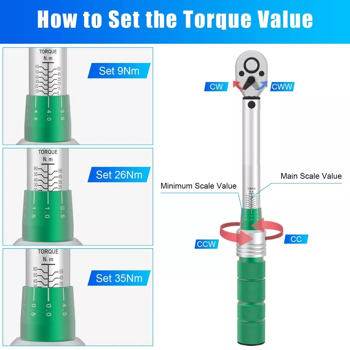 Llave Dinamométrica  3/8'' 5-45 Ft-lb Llave De Torque Verde