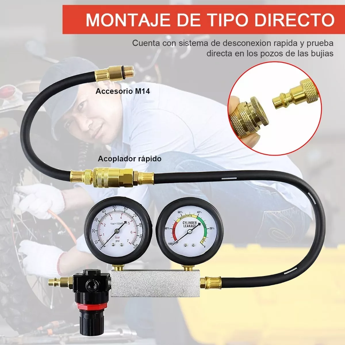 Probador De Fugas Cilindro Compresión Calibre Motor Gasolina