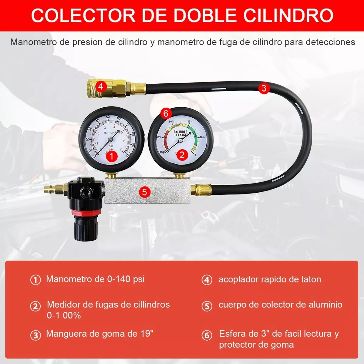 Probador De Fugas Cilindro Compresión Calibre Motor Gasolina