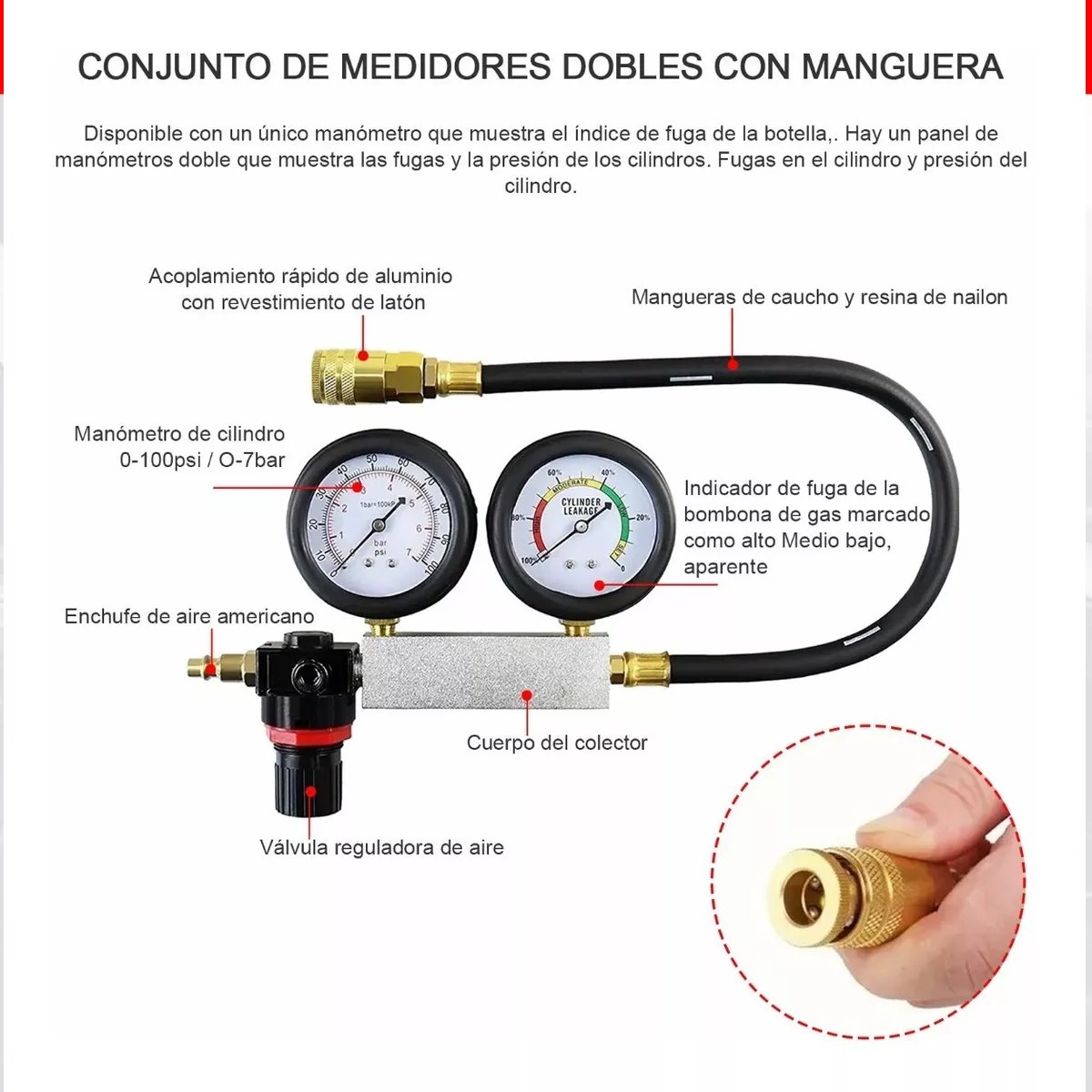 Probador De Fugas Cilindro Compresión Calibre Motor Gasolina