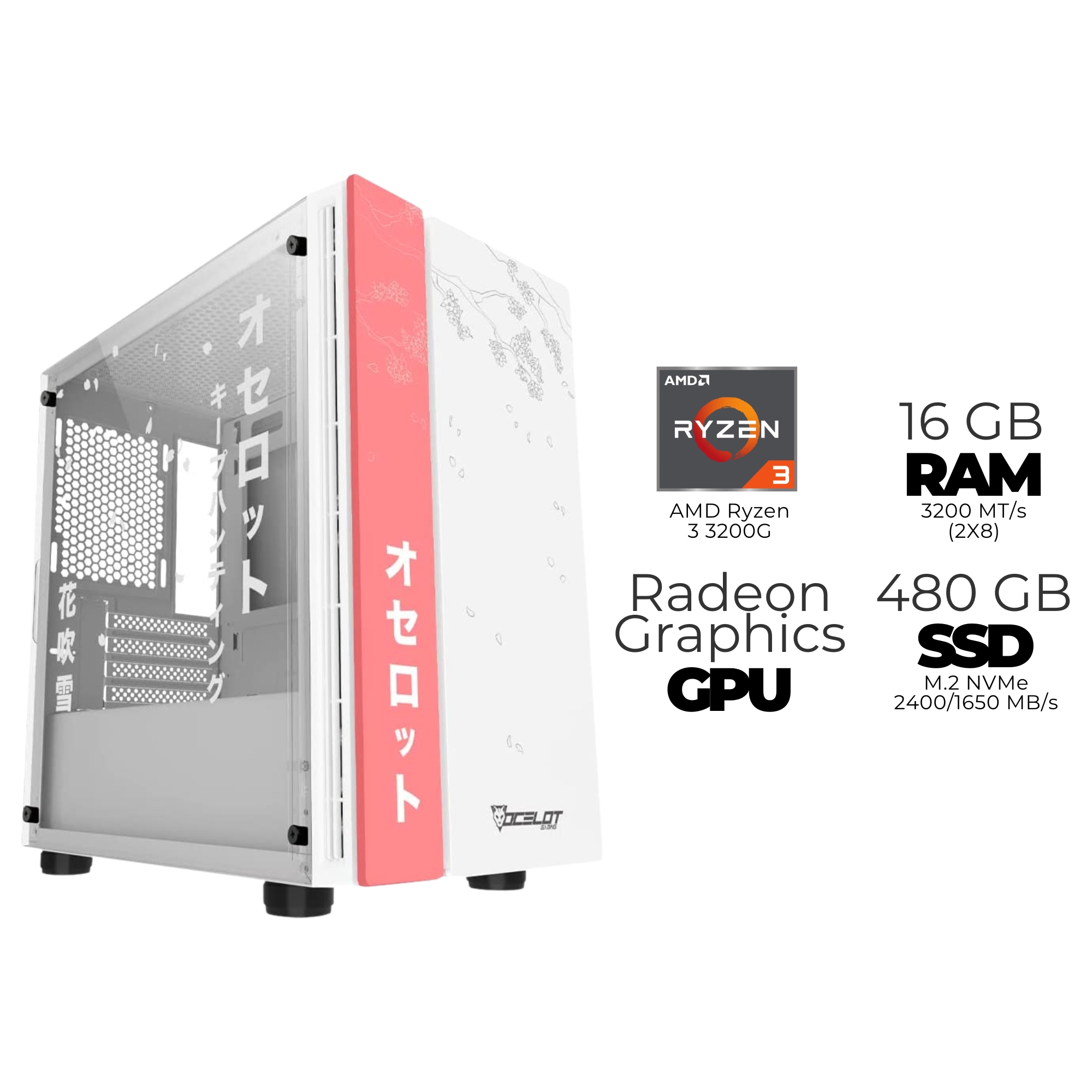 Ocelot PC Hanami AMD Ryzen 3 3200G, 16 GB DDR4, 480 GB SSD NVMe, Windows 10