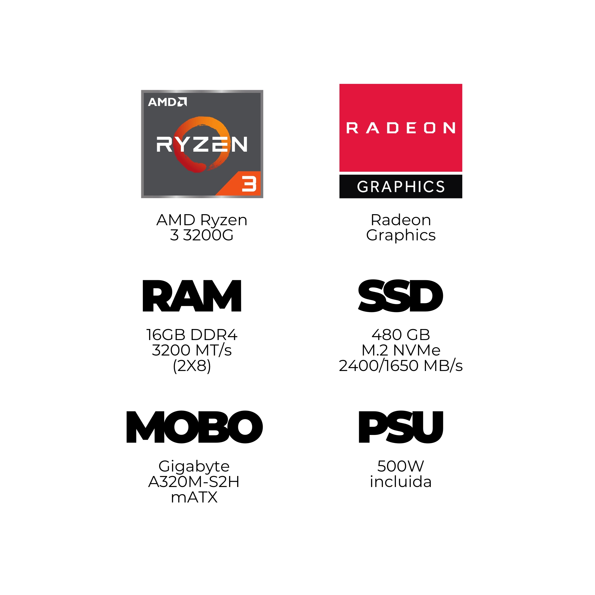 Ocelot PC Hanami AMD Ryzen 3 3200G, 16 GB DDR4, 480 GB SSD NVMe, Windows 10