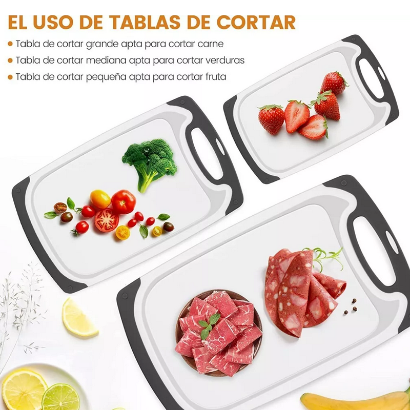 Set De 3 Tablas De Cocina Plástico Para Picar Cortar Con Asa