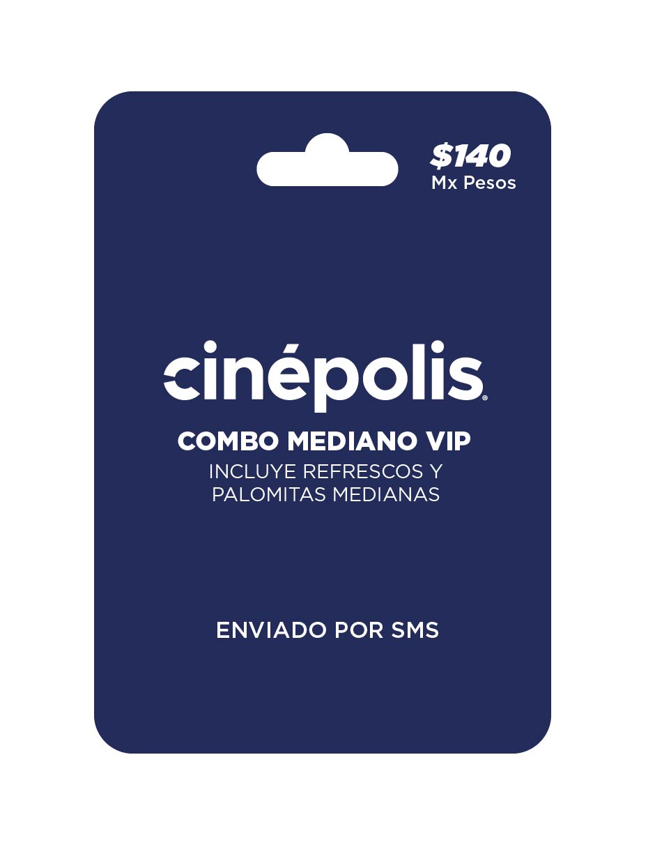 Cinepolis Combo Mediano VIP, tarjeta prepago, pin digital. refresco y palomitas medianas