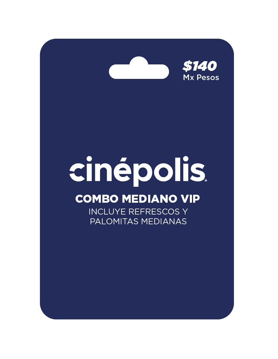 Cinepolis Combo Mediano VIP, tarjeta prepago, pin digital. refresco y palomitas medianas