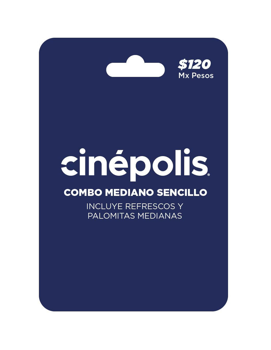 Cinépolis Combo Mediano Sencillo, tarjeta prepago, pin digital, refresco y palomitas medianas