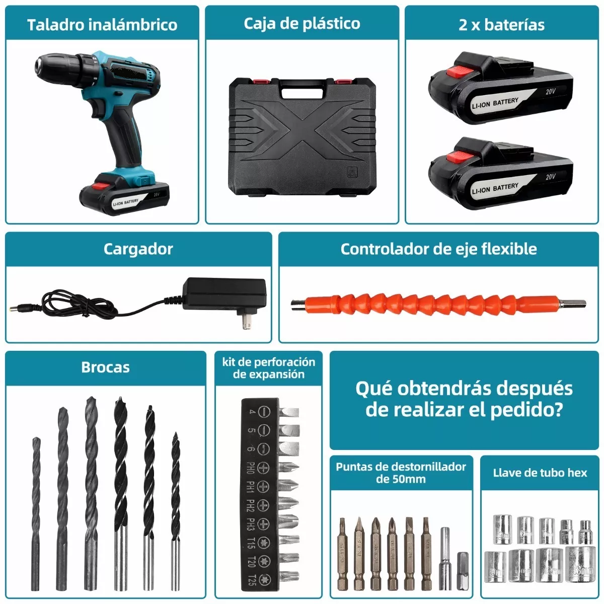Kit Taladro Percutor Eléctrico Atornillador Inalámbrico 3en1