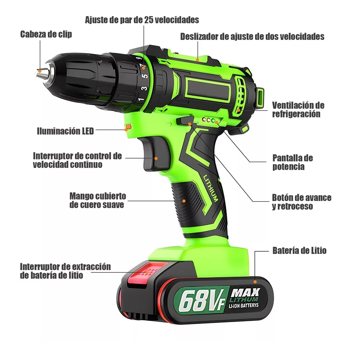 Taladro Atornillador Eléctrico Inalámbrico C/2 Baterías 68vf