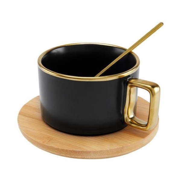 Kit de Tazas de Cerámica Con Base de Bambú