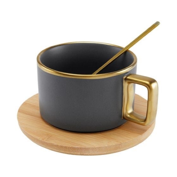 Kit de Tazas de Cerámica Con Base de Bambú