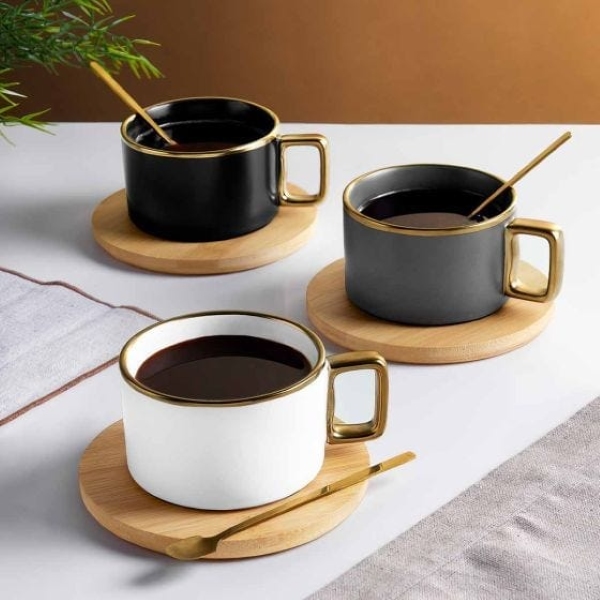 Kit de Tazas de Cerámica Con Base de Bambú