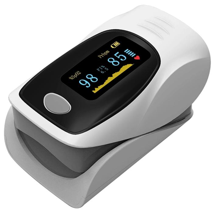 Oxímetro de dedo para botiquín MXOPX-001-21 1pza GrisBlanco Rango de Medición 70porciento -99porciento Spo2 35 250BPM 2xAAA No Incluidas, OxiPlus