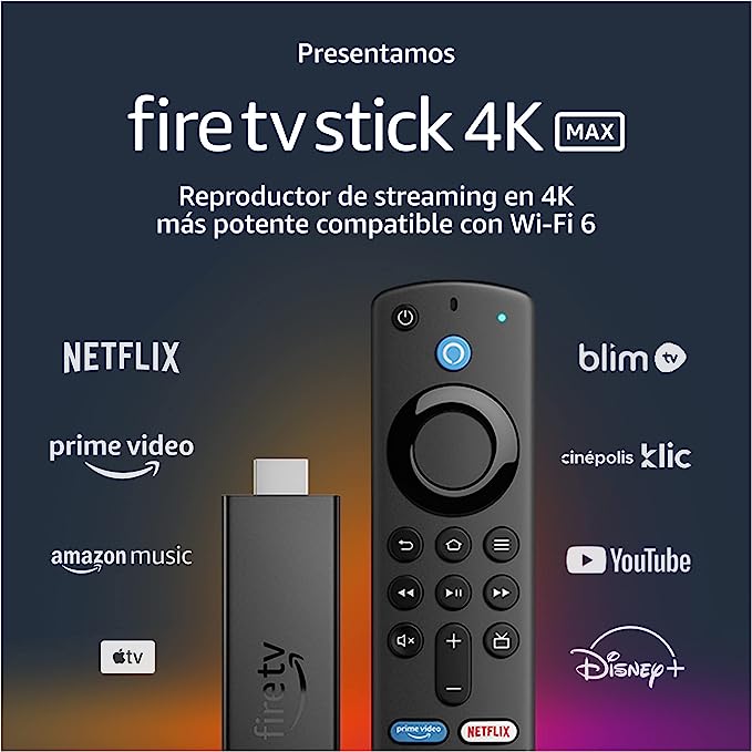 Dispositivo de streaming Amazon Fire TV Stick 4K Max con Wi-Fi 6 y control remoto por voz Alexa  4k 8gb Negro Con 1.5gb De Memoria Ram
