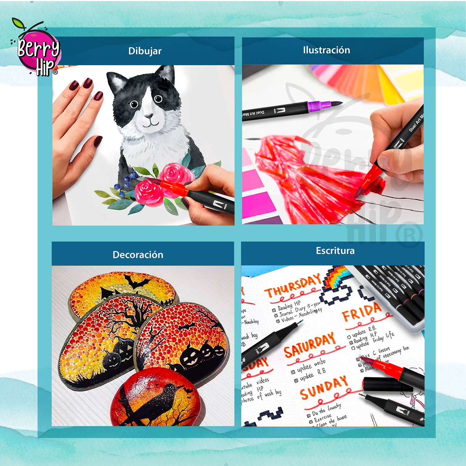 Set De 60 Plumones Punta de Pincel Rotuladores Berry Hip