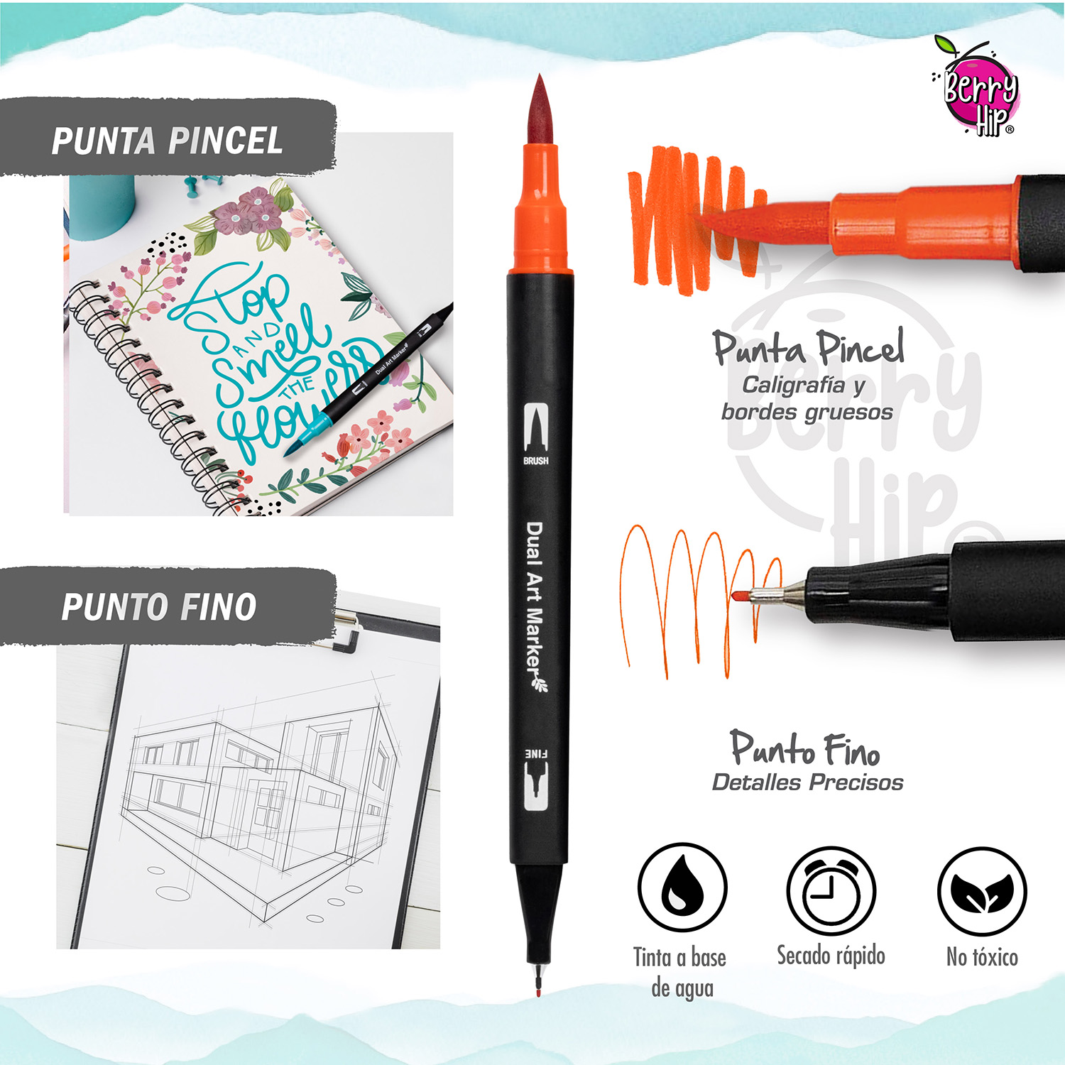 Set De 60 Plumones Punta de Pincel Rotuladores Berry Hip
