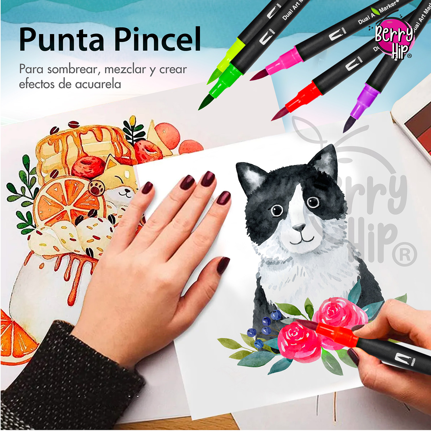 Set De 100 Plumones Punta de Pincel Rotuladores Berry Hip