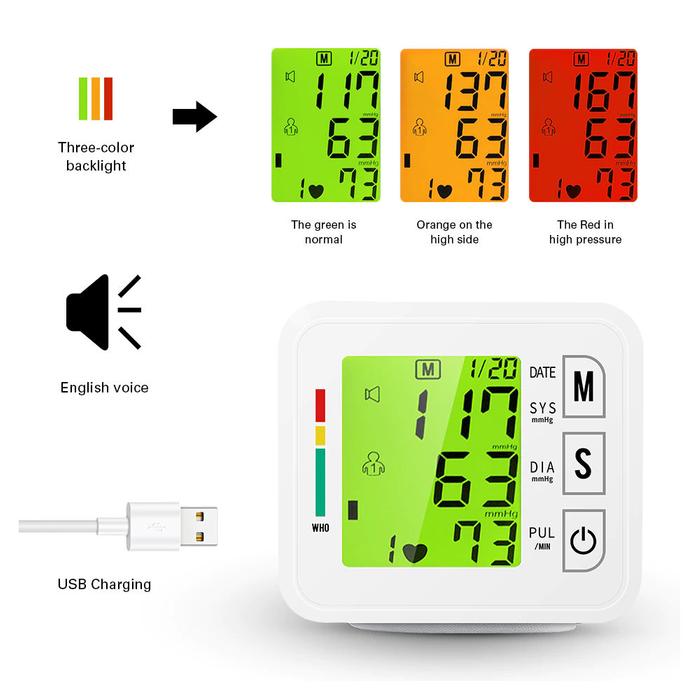 Baumanómetro con Voz Ingles Color MXPUG-001-16 1pza Blanco LCD Cable USB V8 135 a 195mm Diámetro Muñeca PressuGreen