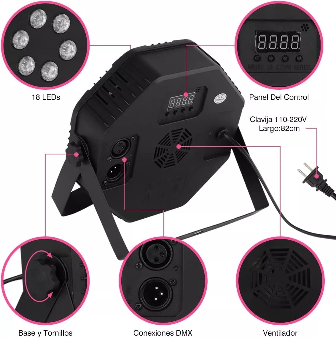 Cañon Led Reflector de Alta Potencia Audioritmico con 18 Leds Super Brillantes de Alta Potencia en tonos Rojo Verde y Azul Portatil y Muy Resistente Master ML-PAR18