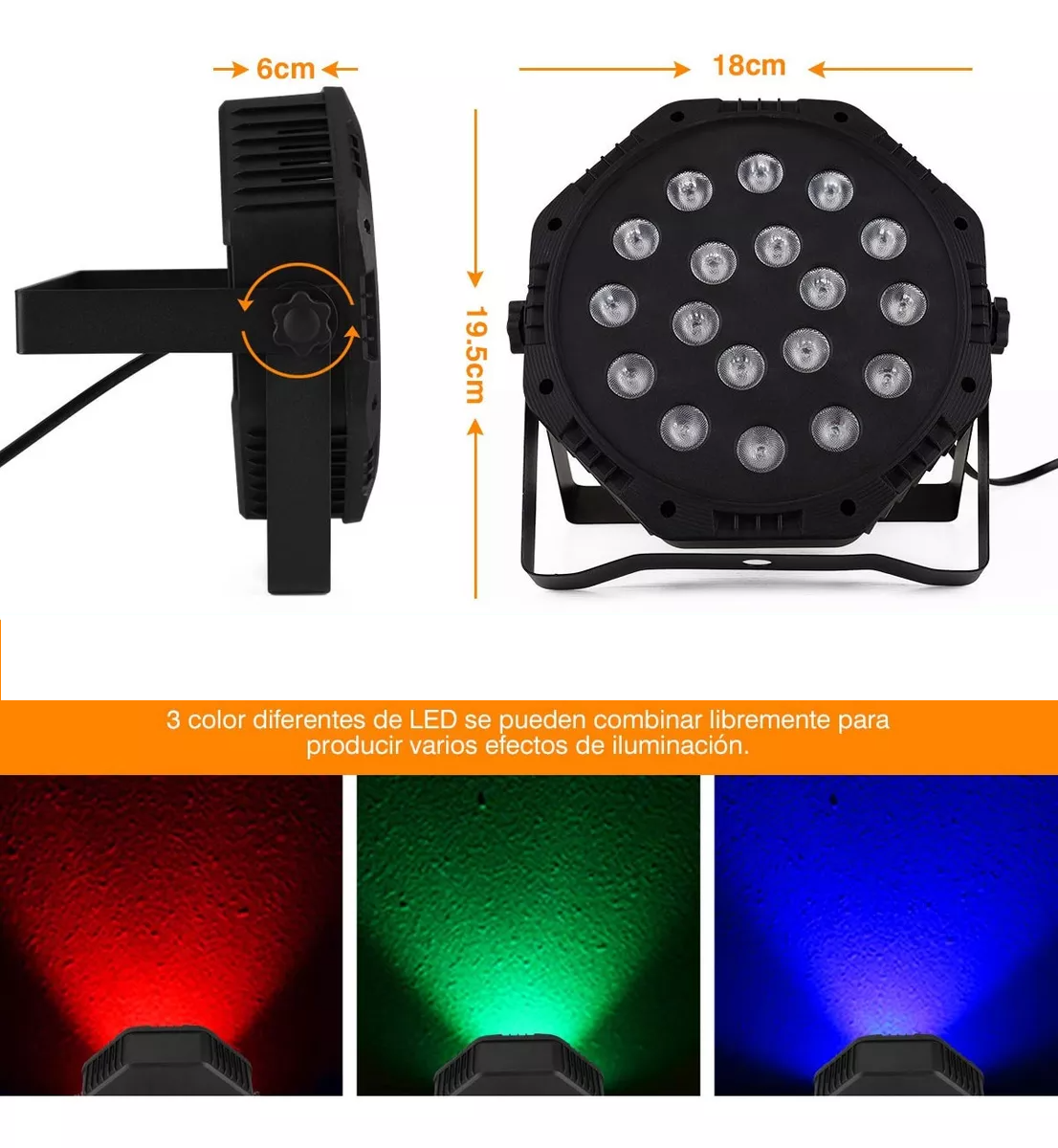 Cañon Led Reflector de Alta Potencia Audioritmico con 18 Leds Super Brillantes de Alta Potencia en tonos Rojo Verde y Azul Portatil y Muy Resistente Master ML-PAR18
