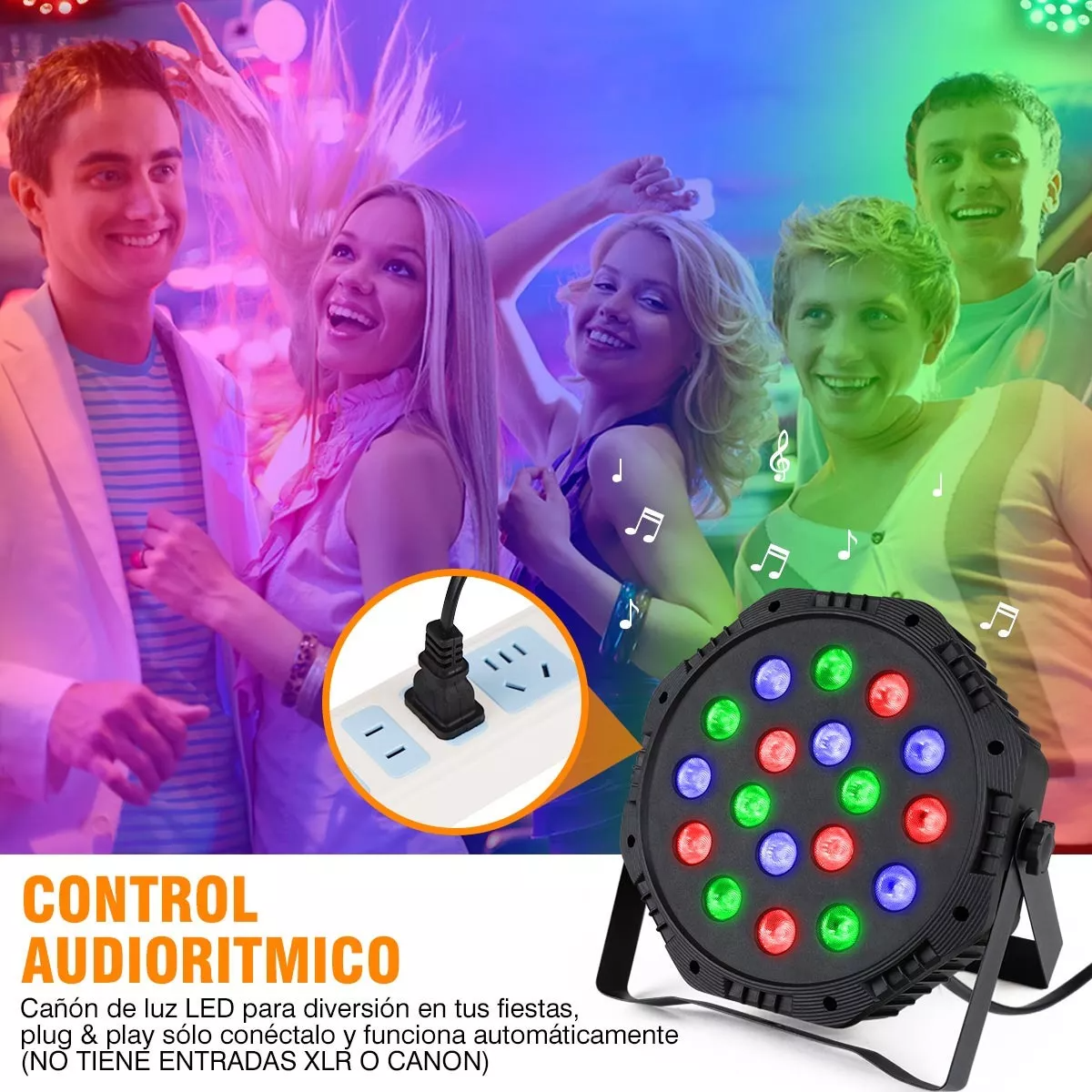Cañon Led Reflector de Alta Potencia Audioritmico con 18 Leds Super Brillantes de Alta Potencia en tonos Rojo Verde y Azul Portatil y Muy Resistente Master ML-PAR18