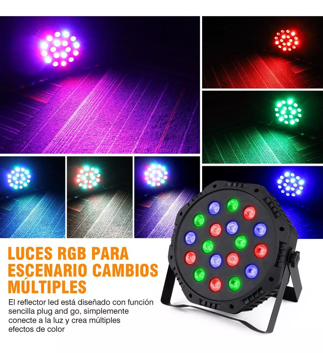 Cañon Led Reflector de Alta Potencia Audioritmico con 18 Leds Super Brillantes de Alta Potencia en tonos Rojo Verde y Azul Portatil y Muy Resistente Master ML-PAR18