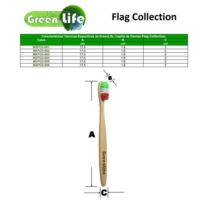 Cepillo De Bambú Ecológico Dental MXFCD-003-2 Cepillo Dental Ecológico Cerda Regular Mango de Bambú MulticolorVerde Amarillo Azul, ,Flag Collection