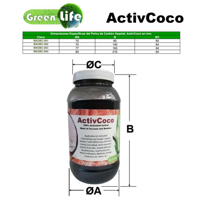 Polvo Extra Fino de Carbón Vegetal MXOBC-003-5 400g Carbón Activado Envase con Tapa, ActivCoco