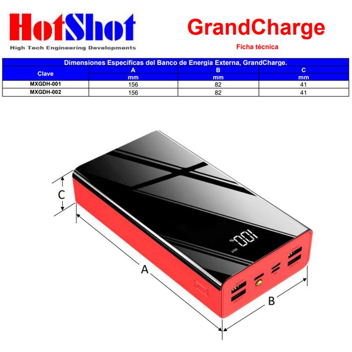 Power Bank 50000 mAh, MXGDH-002-11, 80000mA, Negro, Salida: Alámbrica 4xUSB 2.1A, Entrada: 3X Lightning, Micro USB y Tipo-C 5V, Linterna,, GrandCharge