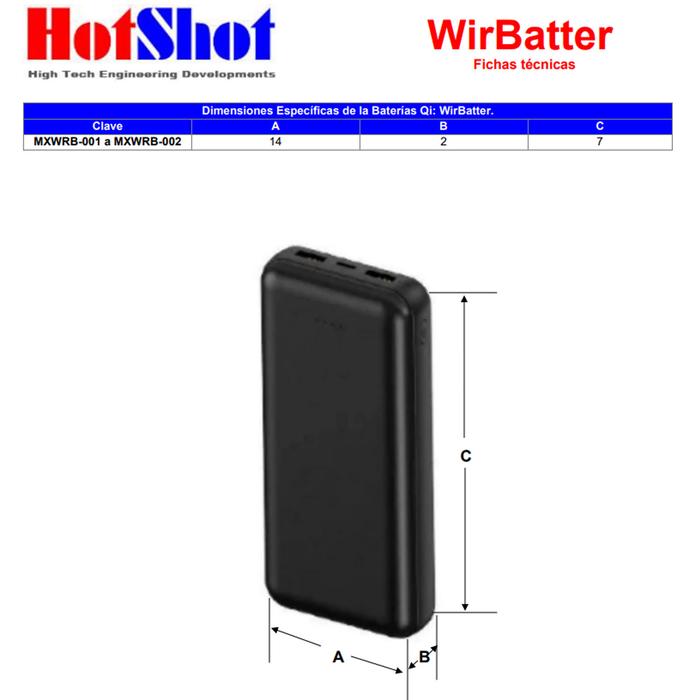 Cargador Inalámbrico Portátil Qi, MXWRB-002-14, 30000Mah, Blanco, Salida Qi Inalámbrica, 1xUSB 1,0, Entrada USB, Tipo C, Cable USB Incluido,, WirBatter