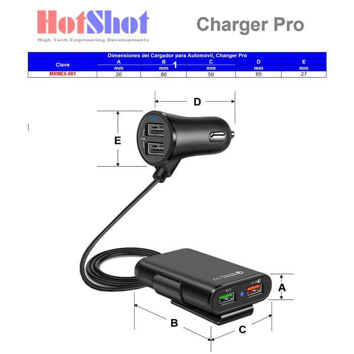 Cargador para Dispositivos Móviles MXMEX-001-29 4 Puertos USB 12-32V Salida 5V 2,4A 5V 3,1A 9-12V 1,8A 5V 3,1A Negro, ChargePro