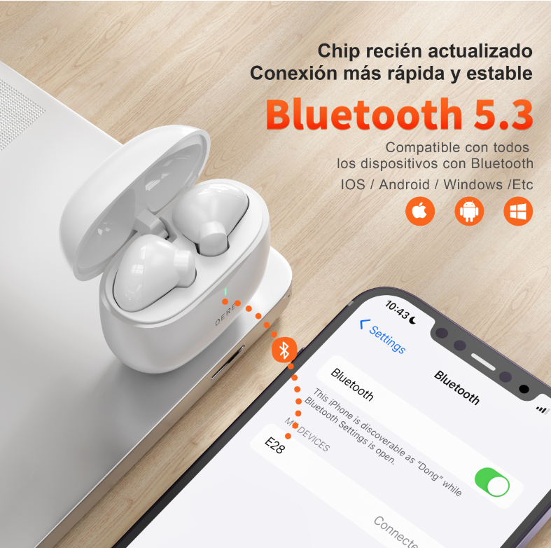 AudIfonos QERE inalámbricos E28, TWS, Bluetooth 5,3, micrófono HD, HIFI, controlador de 13mm, auricular impermeable para juegos de baja latencia.