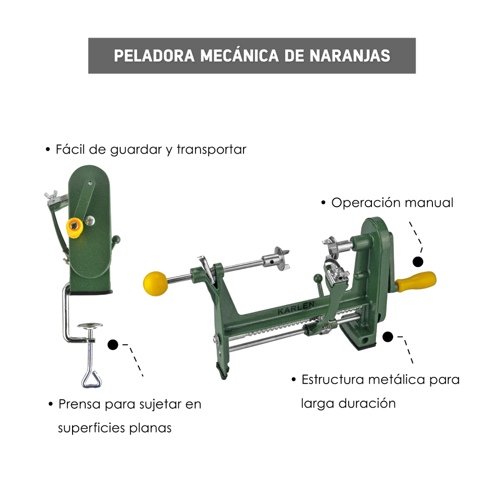 Peladora Mecanica metálica de Naranjas Con prensa para sujetar en superficies planas 30x15 cm Karlen Color Verde