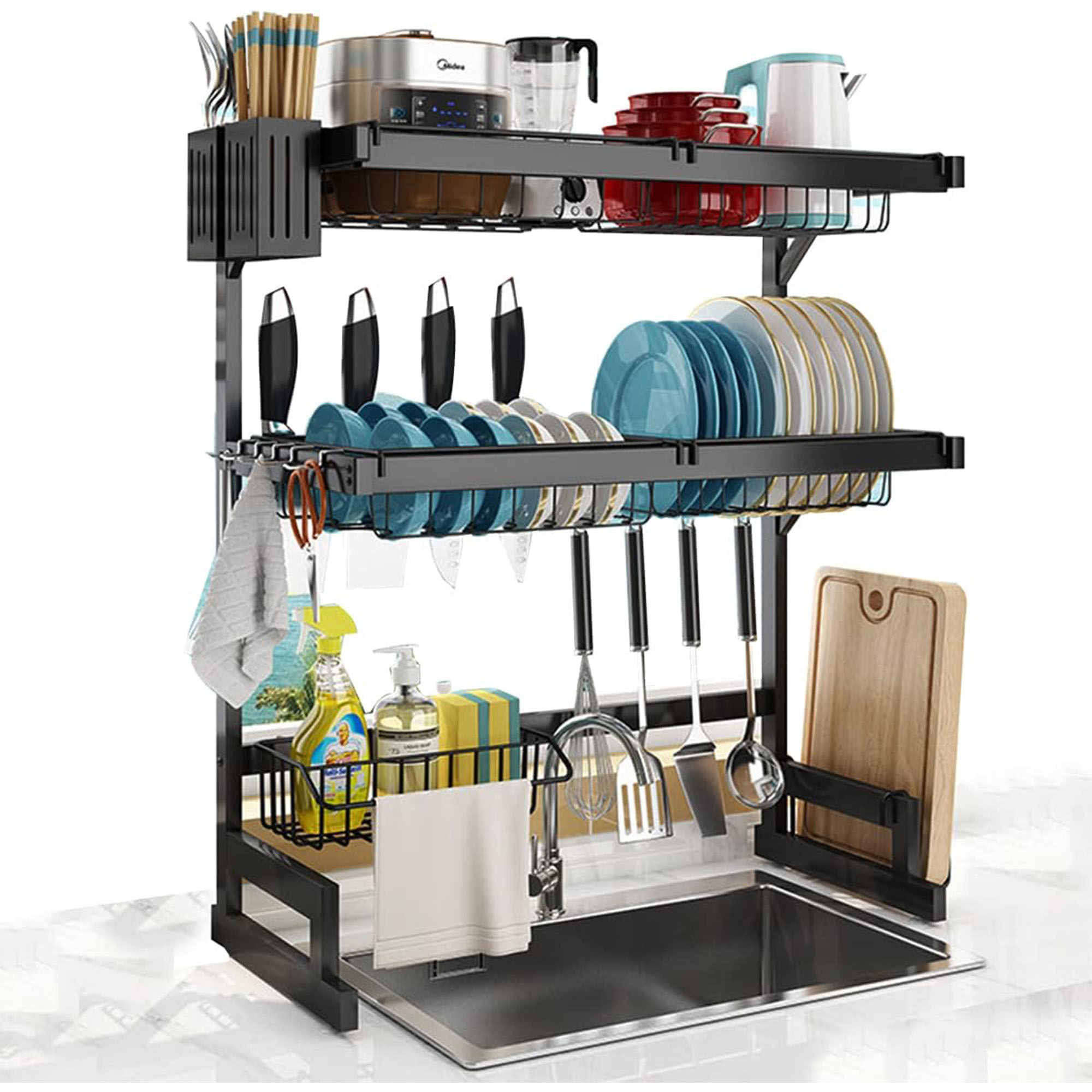 Escurridor para trastes de acero con dos niveles, espacio para organizar platos, cuchillos y utensilios, ganchos resistentes para colgar palas, ahorrador de espacio. 65 cm ideal para 1 tina