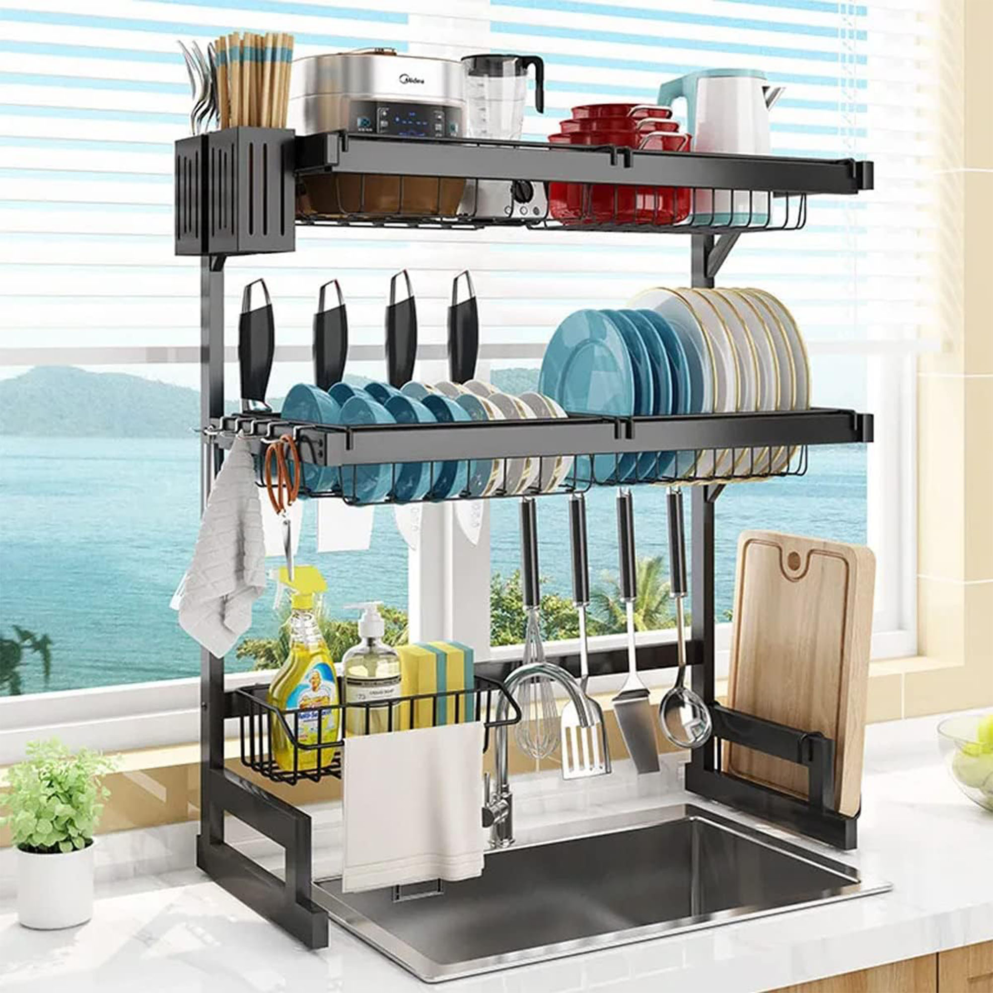 Escurridor para trastes de acero con dos niveles, espacio para organizar platos, cuchillos y utensilios, ganchos resistentes para colgar palas, ahorrador de espacio. 65 cm ideal para 1 tina