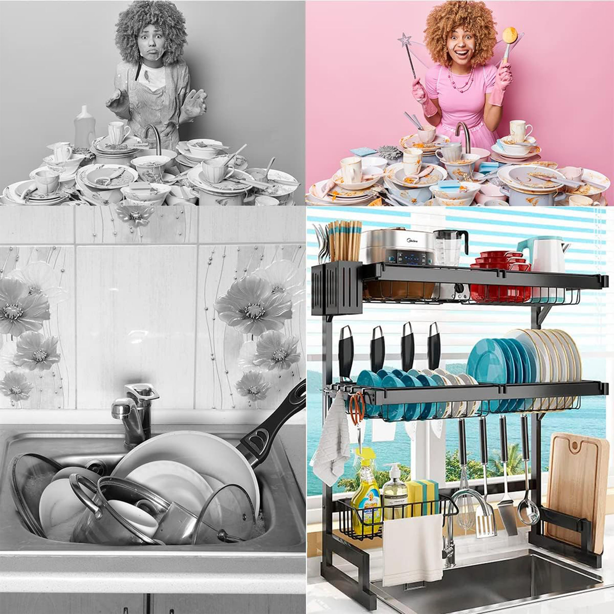 Escurridor para trastes de acero con dos niveles, espacio para organizar platos, cuchillos y utensilios, ganchos resistentes para colgar palas, ahorrador de espacio. 65 cm ideal para 1 tina