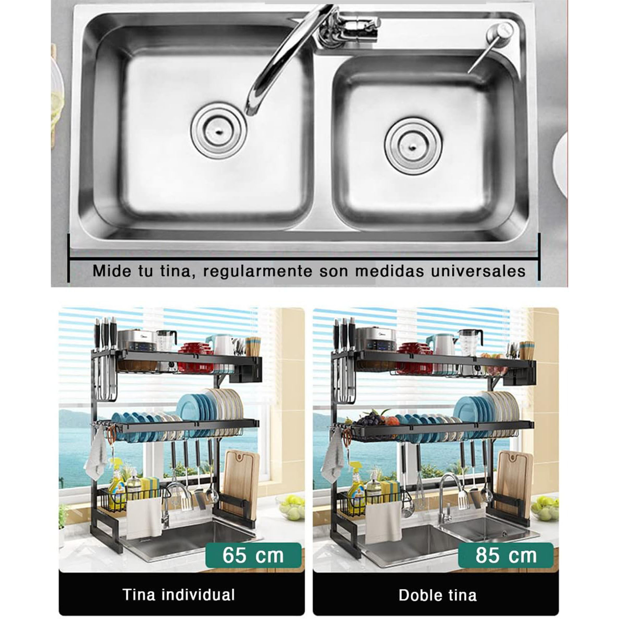 Escurridor para trastes de acero con dos niveles, espacio para organizar platos, cuchillos y utensilios, ganchos resistentes para colgar palas, ahorrador de espacio. 65 cm ideal para 1 tina