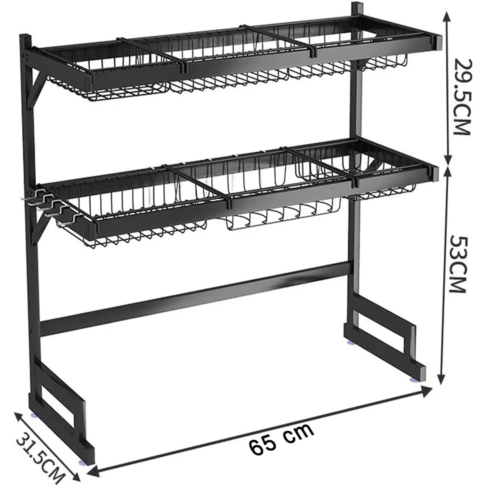 Escurridor para trastes de acero con dos niveles, espacio para organizar platos, cuchillos y utensilios, ganchos resistentes para colgar palas, ahorrador de espacio. 65 cm ideal para 1 tina