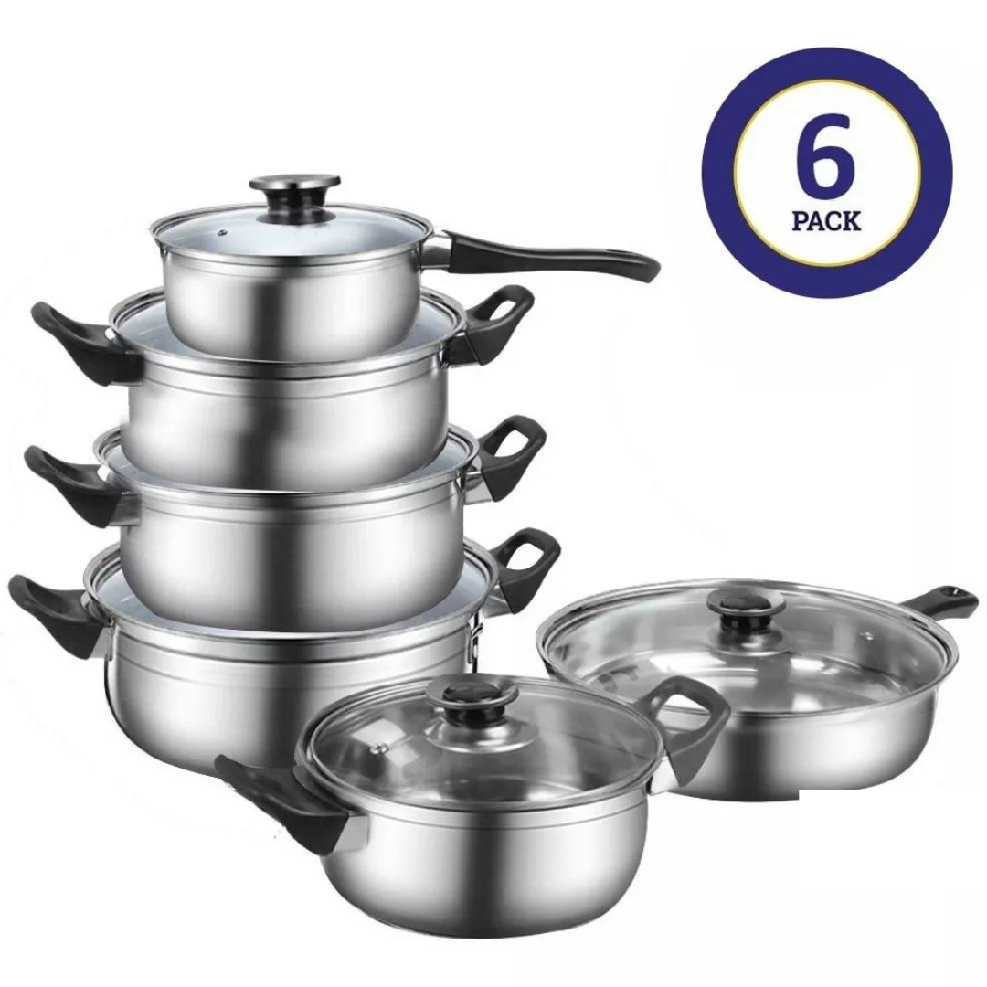 Batería De Cocina Acero inoxidable Sartenes Y Ollas Soperas Con Tapa 6 Pcs