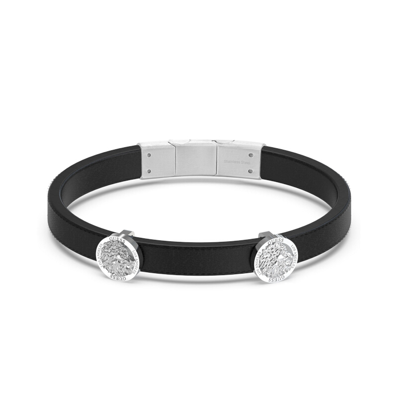 Guess Bracciale da Uomo Collezione Lion King. Bracciale in Acciaio con Simbolo Leone di 14 mm di Colore Acciaio e Nero. Misura: l. La referenza è jumb01309jwstbkl