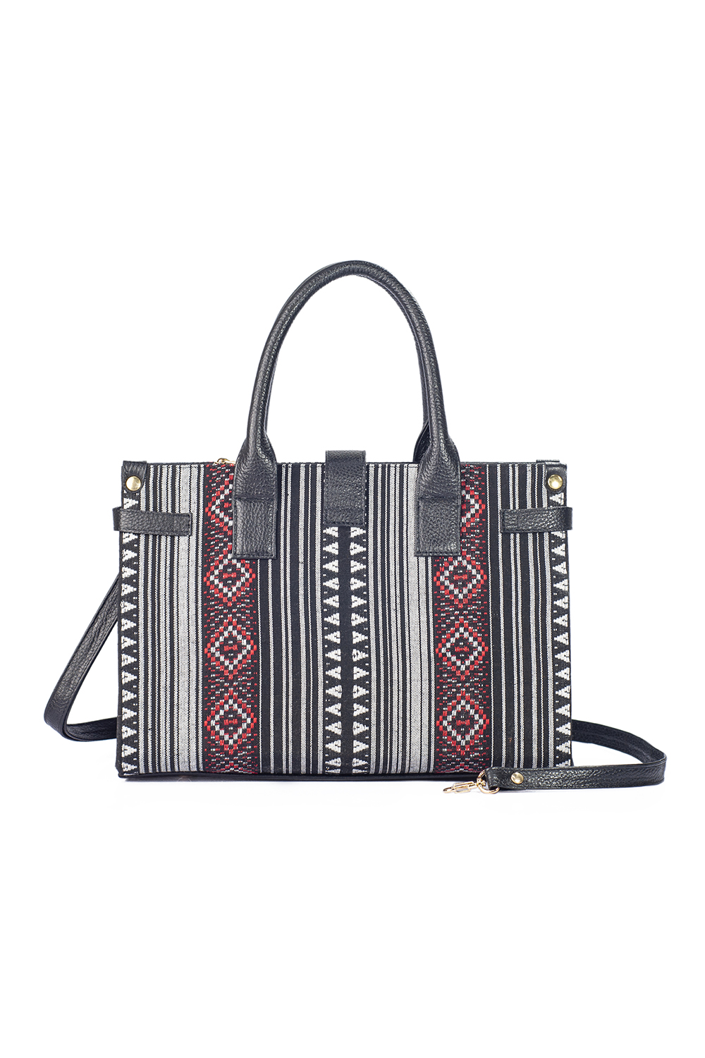 Bolso de mujer A ÁNGELOZANO tipo satchel de piel vacuna con telar artesanal color negro, Modelo Samantha