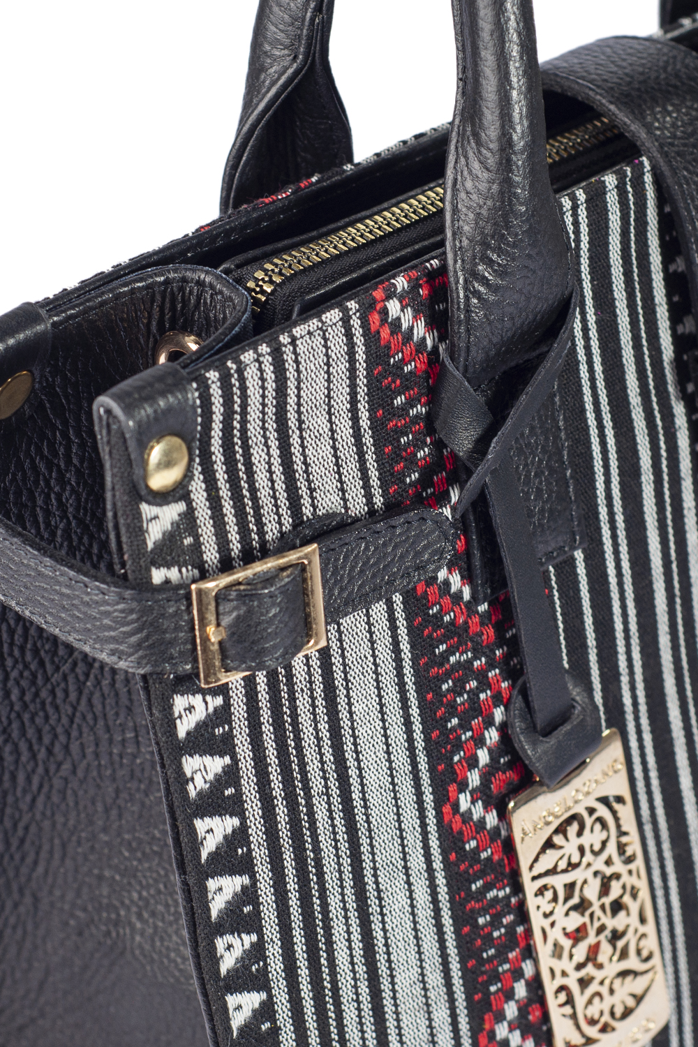 Bolso de mujer A ÁNGELOZANO tipo satchel de piel vacuna con telar artesanal color negro, Modelo Samantha