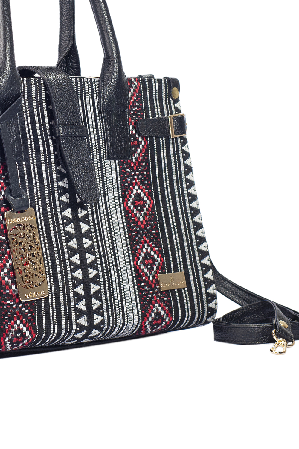 Bolso de mujer A ÁNGELOZANO tipo satchel de piel vacuna con telar artesanal color negro, Modelo Samantha