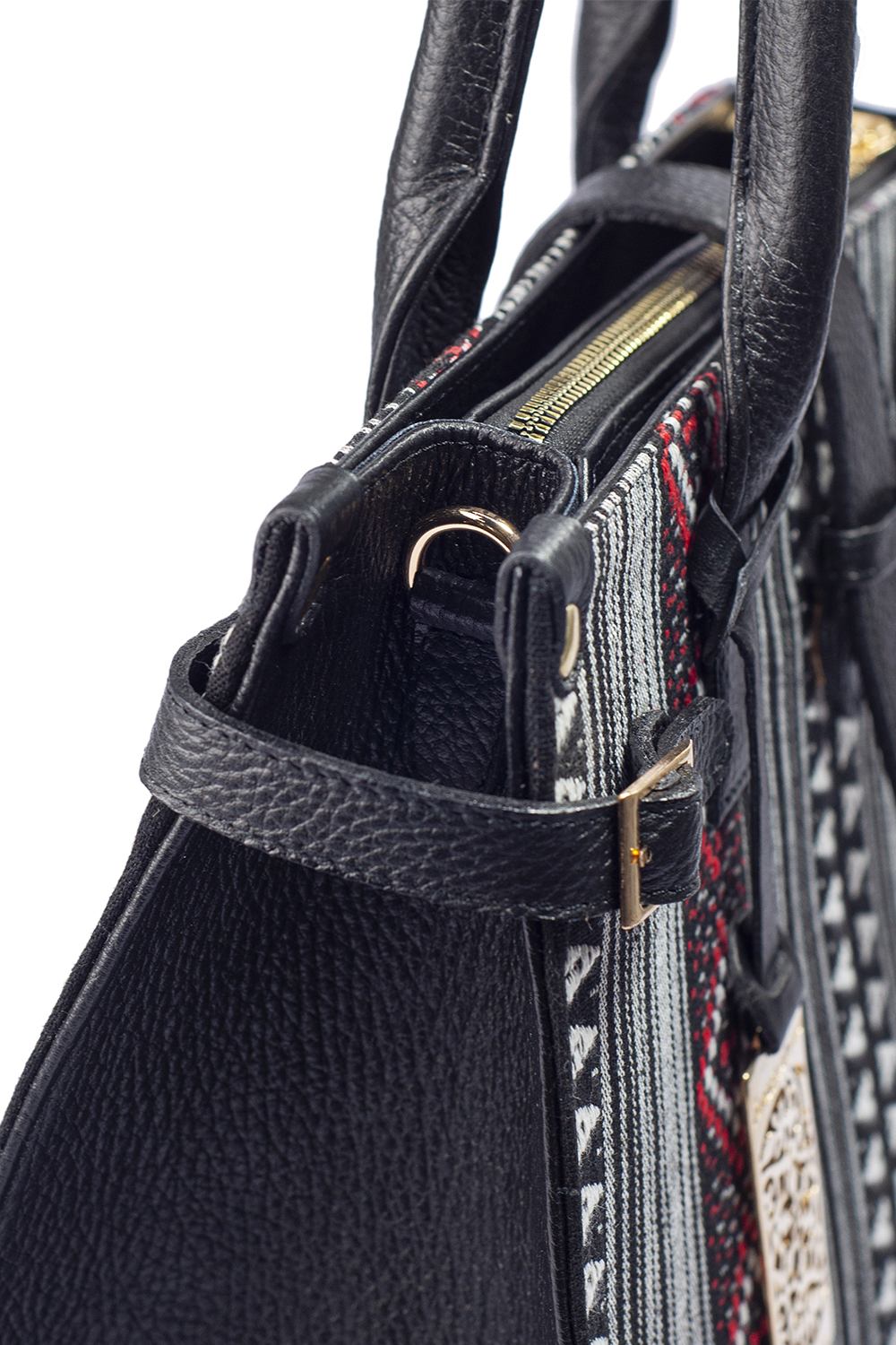 Bolso de mujer A ÁNGELOZANO tipo satchel de piel vacuna con telar artesanal color negro, Modelo Samantha